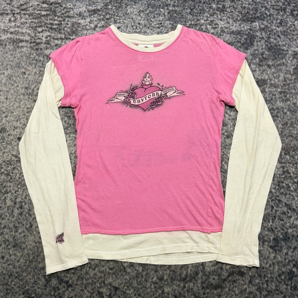 VTG Y2K Harley Davison Shirt Layered Long Sleeve Womens Small Pink White Biker